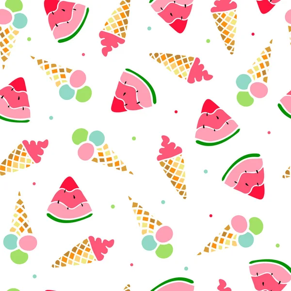 Niedliche Nahtlose Muster Mit Eis Und Wassermelonen Auf Weißem Hintergrund — Stockfoto