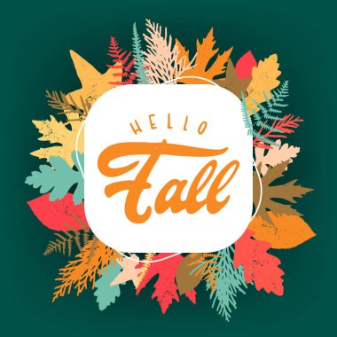 Posterler, kartlar, davetiyeler, vs. için yeşil arka planda orman yapraklarıyla süslenmiş 'Hello Fall' harfleri..