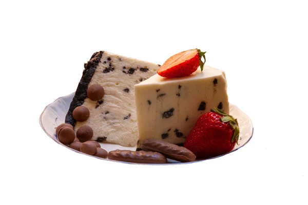 Original Recipe Cheesecake Chocolate Decorated Strawberries Chocolate White Background — Stock Photo, Image