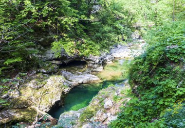 Alp geçidinde bir dağ nehrinde berrak su