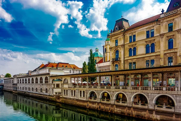 Ανάχωμα Του Ποταμού Ljubljanica Στην Πόλη Ljubljana — Φωτογραφία Αρχείου