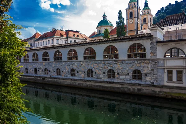 Ανάχωμα Του Ποταμού Ljubljanica Στην Πόλη Ljubljana — Φωτογραφία Αρχείου