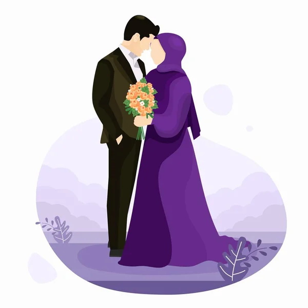 Müslüman çift düğününün vektör illüstrasyonu. Kahverengi takım elbiseli bir adam ve elinde çiçekle tesettür ve mor elbiseler giyen bir kadın.