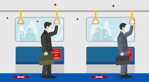 İş adamlarının vektör çizimi trende çalışmaya devam et, fiziksel mesafeyi koru ve New Normal bir günde toplu taşımacılıkta virüsü önlemek için koruyucu tıbbi maske tak