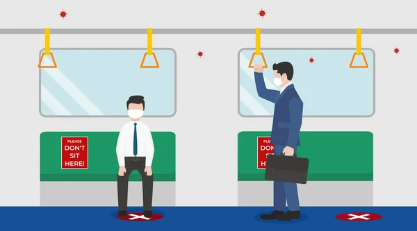 İş adamlarının vektör çizimi trende çalışmaya devam et, fiziksel mesafeyi koru ve New Normal bir günde toplu taşımacılıkta virüsü önlemek için koruyucu tıbbi maske tak