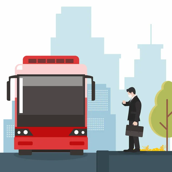 Toplu taşımayı bekleyen iş adamının vektör çizimi, fiziksel mesafeyi koruyun ve virüsü önlemek için koruyucu tıbbi maske takın. Görüntü animasyonu için iyi Banner, Poster, Etc