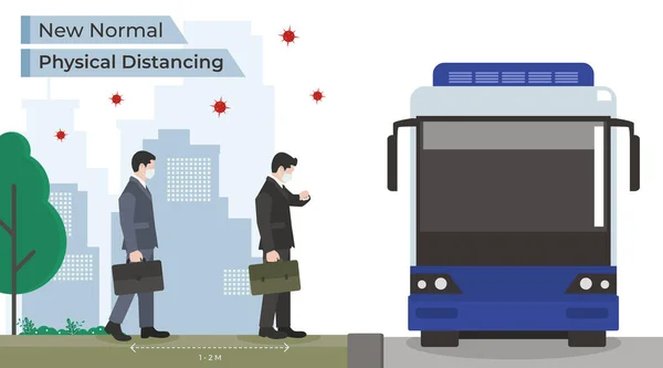 İş adamlarının toplu taşıma için kuyruk oluşturması, fiziksel mesafeyi korumak ve virüsü önlemek için koruyucu tıbbi maske takmak. Görüntü animasyonu için iyi Banner, Poster, Etc