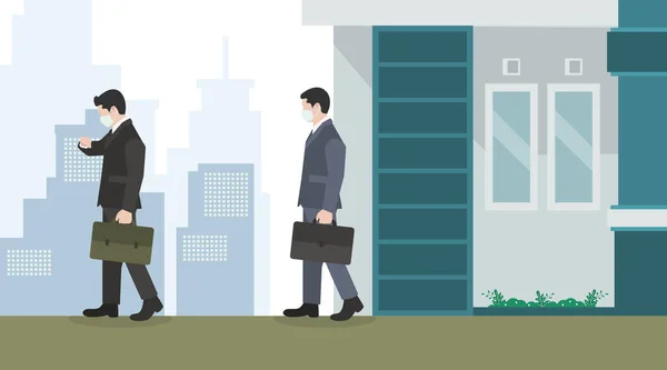 İşe giden işadamlarının vektör çizimi normal bir günde şehirde virüsü önlemek için fiziksel mesafeyi koru ve koruyucu tıbbi maske tak