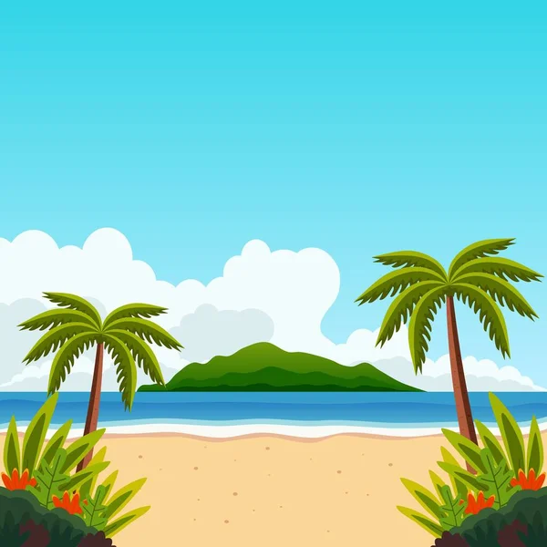 Souvislosti Vektorové Ilustrace Pláže Ostrova Kokosovými Stromy Trávou Plážovou Rostlinou — Stockový vektor
