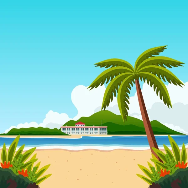 Sahildeki konaklama binası, palmiye ağaçları, plaj bitkileri ve güzel bulutları olan sahil ve adanın vektör arkaplan çizimi. Yaz konsepti için uygun, plajda tatil afişi.