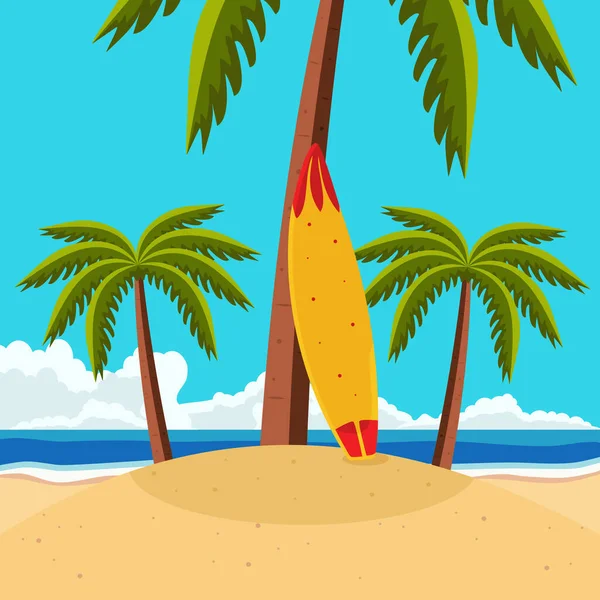 Hindistan cevizi ağacına yaslanmış sörf tahtası olan karikatür deniz kıyısının vektör çizimi. Yaz konsepti için uygun, plajda tatil afişi ve yaz indirimi için uygun.