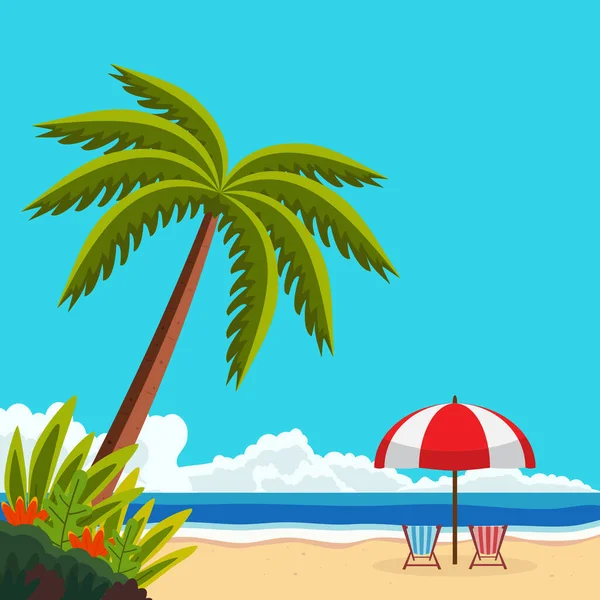 Çizgi film deniz arka planının vektör çizimi. Kare güneşli gün afişi. Güverte sandalyeleri ve kumsaldaki plaj şemsiyeleri..