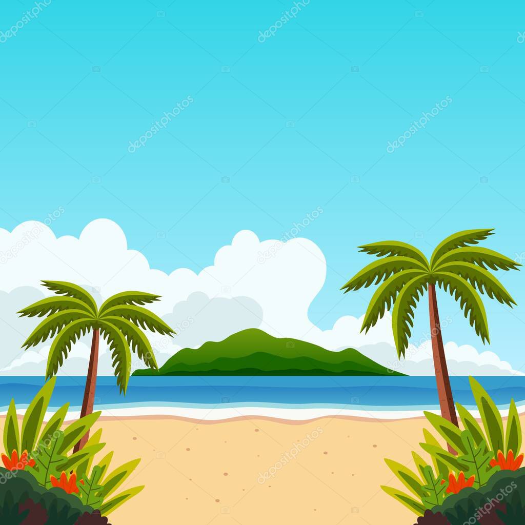 Background Vector Illustration of Beach and island, with coconut trees, grass, beach plant and beautyful cloud.  Summer Vector Design in the Seashore suitable for Beach Holidays banner