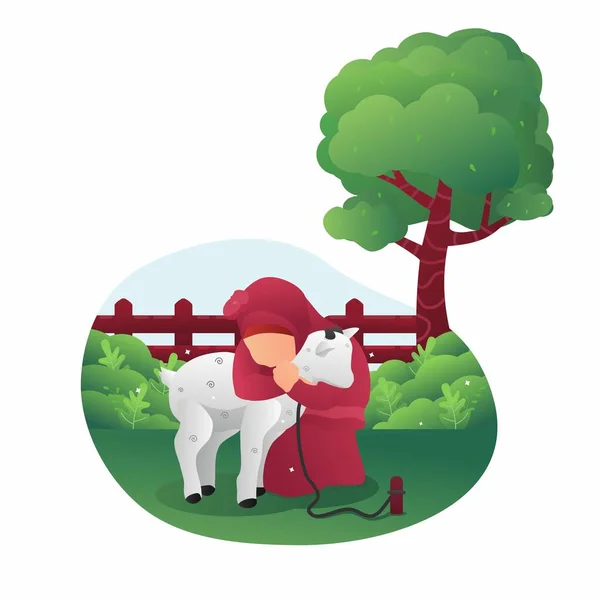 Şirin Kurban Bayramı, küçük kız çiftlikte küçük keçiyi kucaklıyor.