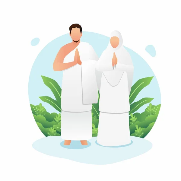 Karikatür Müslüman Adam ve Kadın, İskoç kumaşı giyiyor. Kurban Bayramı için uygun olan Hac illüstrasyonu ve Umrah