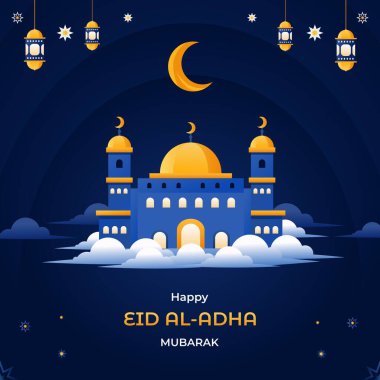 Kurban Bayramı Mübarek tebrik kartı. Güzel cami tasarımı, yıldızlar, ay ve antik fenerler içeren vektör ilülasyon arkaplanı