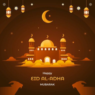 Kurban Bayramı Mübarek tebrik kartı. Güzel cami tasarımı, yıldızlar, ay ve antik fenerler içeren vektör ilülasyon arkaplanı