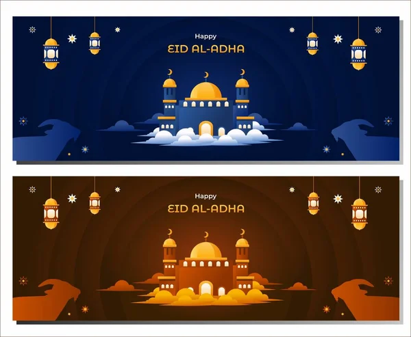 Kurban Bayramı Mübarek peyzaj afişi. Güzel cami tasarımı, yıldızlar, ay, antik fenerler ve keçi siluetine sahip İslami geçmişin vektör çizimi