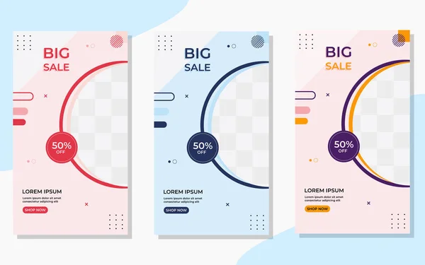 Modern ve model çerçeve kavramına sahip minimalist Büyük Satış afişi koleksiyonu, Memphis tarzında yarım daire şeklinde şekiller. Sosyal medya hikayeleri için uygun şablonlar, broşürler, broşürler, vs.