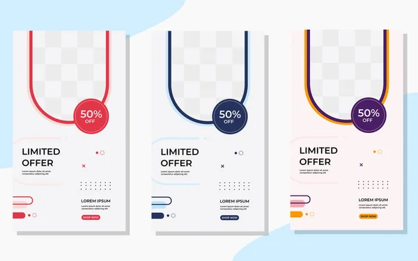 Modern ve model çerçeve kavramına sahip minimalist sınırlı teklif pankartı koleksiyonu. Memphis tarzında yarım daire şeklinde şekiller. Sosyal medya hikayeleri için uygun şablonlar, broşürler, broşürler, vs.