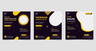 Sosyal medya şablonu, salgın sırasında evden çalışıyor. Webinar vektör grafikleri kümesi, siyah ve sarı arkaplan