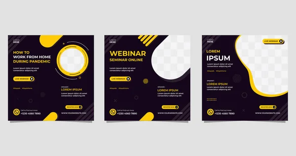 Sosyal medya şablonu, salgın sırasında evden çalışıyor. Webinar vektör grafikleri kümesi, siyah ve sarı arkaplan
