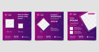Sosyal medya şablonu, evden nasıl para alınacağı. İş webinar vektör grafikleri, koyu mor arkaplan
