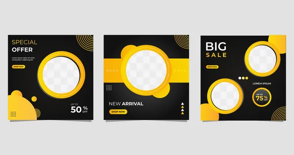 Sosyal medya paylaşımları, dinamik tasarım ve daire şekilleri bileşimi ile indirim şablonu. Siyah ve sarı arkaplan ile promosyon reklamları