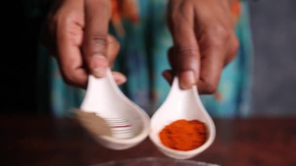 Slow Motion Dramatic Closeup Two Spoons Pepper Powder Chilly Powder — Stock Video
