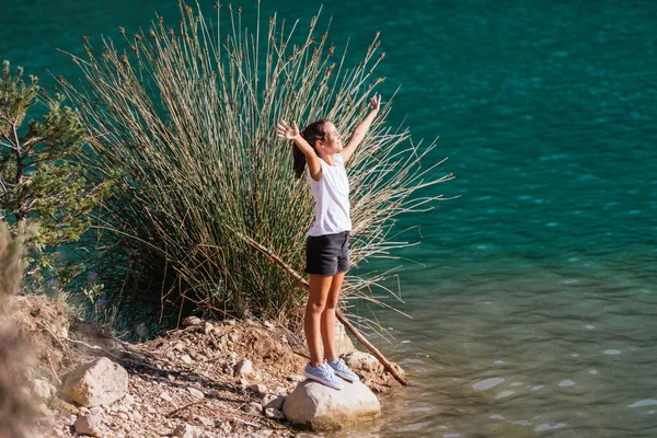 Una Chica Feliz Que Está Cima Una Roca Con Las — Foto de Stock