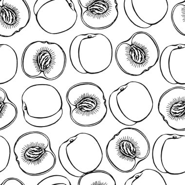Elle çizilmiş meyve elementleri şeftalisiyle kusursuz desen. Vejetaryen duvar kağıdı. Tasarım ambalajı, tekstil, arkaplan, tasarım kartpostalları ve posterler için.