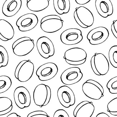 Elle çizilmiş meyve elementleriyle kusursuz desen kayısı şeftalisi. Vejetaryen duvar kağıdı. Tasarım ambalajı, tekstil, arkaplan, tasarım kartpostalları ve posterler için.