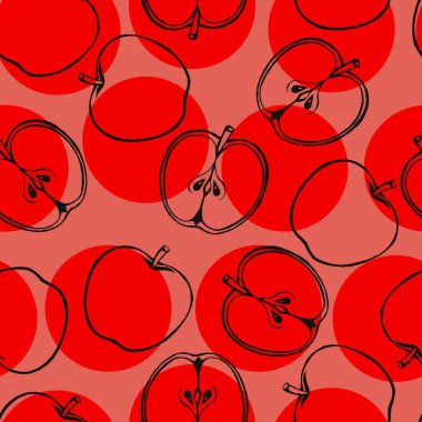 Elle çizilmiş meyve elementleriyle kusursuz desen. Elma. Vejetaryen duvar kağıdı. Tasarım ambalajı, tekstil, arkaplan, tasarım kartpostalları ve posterler için.