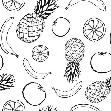 Elle çizilmiş meyve elementleriyle kusursuz desen. Vejetaryen duvar kağıdı. Tasarım ambalajı, tekstil, arkaplan, tasarım kartpostalları ve posterler için.