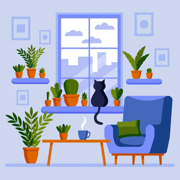 Vector Ventana Plana Gato Sentado Alféizar Ventana Ollas Flores Taza — Archivo Imágenes Vectoriales