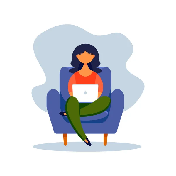 Mujer Con Portátil Sentada Silla Ilustración Conceptual Para Freelancing Estudio — Vector de stock