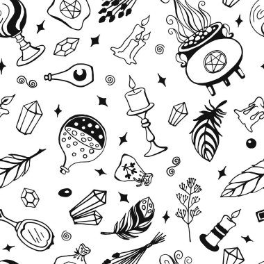 Büyücülük, cadılar ve büyücüler için büyülü bir geçmiş. Vintage tarzında kusursuz vektör deseni. El yapımı sihirli aletler, büyücülük kavramı..