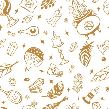 Büyücülük, cadılar ve büyücüler için büyülü bir geçmiş. Vintage tarzında kusursuz vektör deseni. El yapımı sihirli aletler, büyücülük kavramı..