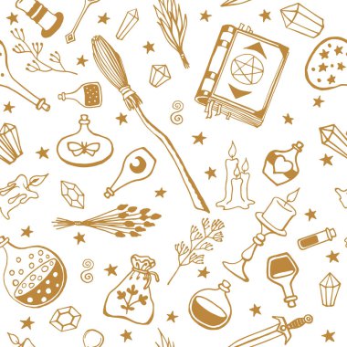 Büyücülük, cadılar ve büyücüler için büyülü bir geçmiş. Vintage tarzında kusursuz vektör deseni. El yapımı sihirli aletler, büyücülük kavramı..