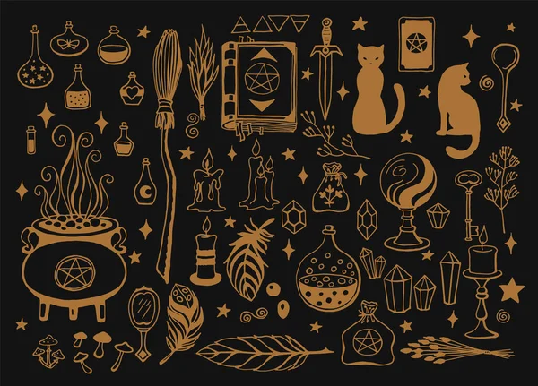 Büyücülük, cadılar ve büyücüler için büyülü bir geçmiş. Vector vintage koleksiyonu. El yapımı sihirli aletler, büyücülük kavramı. Çizilmiş sihirli araçlar: kitap, mum, iksir, süpürge, kristal, kazan.