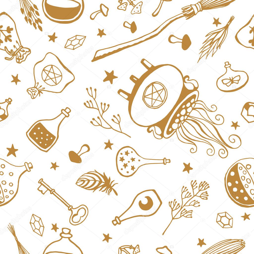 Witchcraft, magic background for witches and wizards. Vector seamless pattern in vintage style. Hand drawn magic tools, concept of witchcraft.