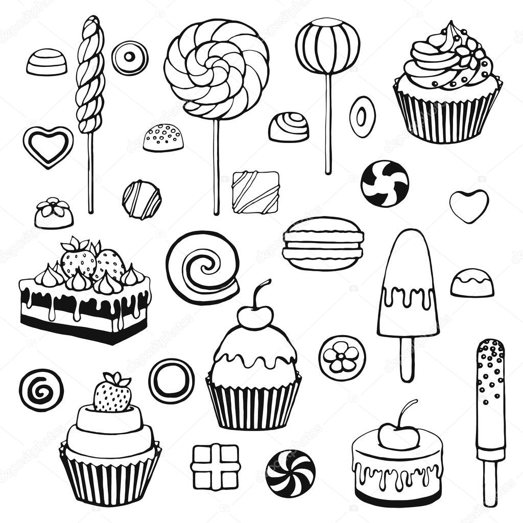 Hand drawn sweets doodle elements set. Vector illustration on a white background.