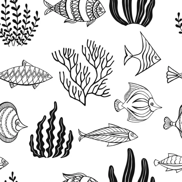 Modello Senza Cuciture Pesci Ornamentali Alghe Marine Illustrazione Vettoriale Perfetto — Vettoriale Stock