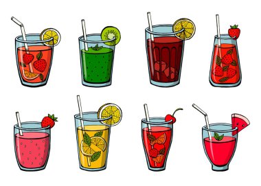 Alkolsüz yaz içkilerini beyaz arka planda ayır. Klasik ve çilekli limonata, buzlu çay, mojito, taze karpuz, kivi ve çilekli smoothie. Çizim biçiminde menü vektör resimleri.