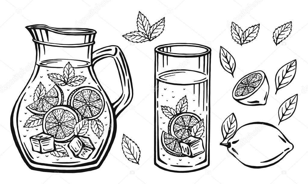Glass jug with lemonade, sketch of homemade lemonade, summer  illustration. Hand drawn lemon, lemon slice, straw. The inscription on the lemonade.