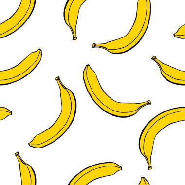 Elle çizilmiş meyve unsurlarıyla kusursuz desen muz. Vejetaryen duvar kağıdı. Tasarım ambalajı, tekstil, arkaplan, tasarım kartpostalları ve posterler için.