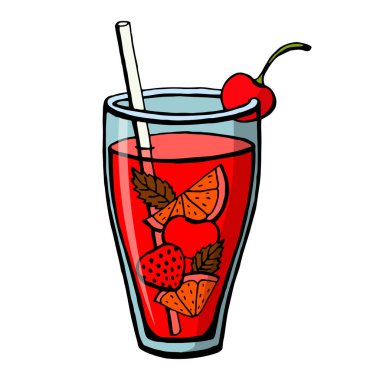 El çizimi, beyaz arka planda izole edilmiş alkolsüz içecekler. Limonata çilekli kiraz ve nane yaprağı. Robot resim biçiminde vektör illüstrasyonları.