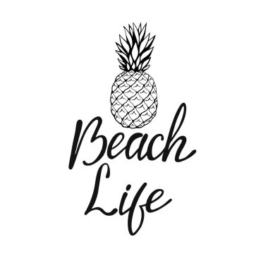 Sahil hayatı, el yazması harfler. Tasarım elemanları ile beyaz arkaplanda izole edilmiş metin. Yazın fotoğraf baskısı, tişört baskısı, broşür, poster tasarımı. Plaj hayatı mesajı