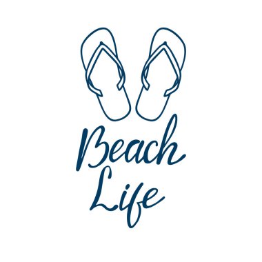 Sahil hayatı, el yazması harfler. Tasarım elemanları ile beyaz arkaplanda izole edilmiş metin. Yazın fotoğraf baskısı, tişört baskısı, broşür, poster tasarımı. Plaj hayatı mesajı