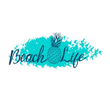 Sahil hayatı, el yazması harfler. Tasarım elemanları ile beyaz arkaplanda izole edilmiş metin. Yazın fotoğraf baskısı, tişört baskısı, broşür, poster tasarımı. Plaj hayatı mesajı